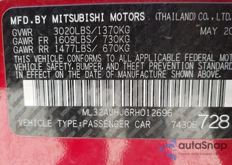 2024 Mitsubishi Mirage Es/Le из США, поврежденный, VIN ML32AUHJ6RH012696